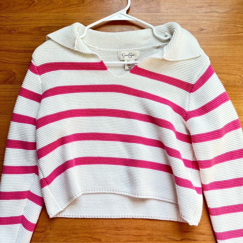 Pink and White Cropped Striped Sweater